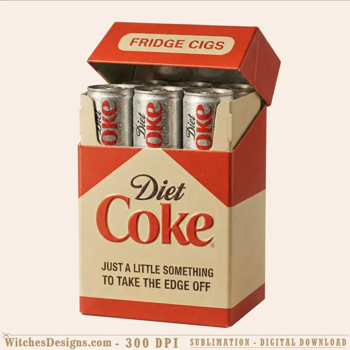 Diet Coke png clipart showing vintage fridge cigs box design with red packaging, cream label, and three cans for sublimation and DTF printing