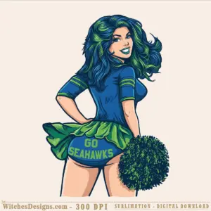 Go Seahawks png cheerleader design with blue top, green armbands, and pom-pom; transparent background for sublimation and DTF.