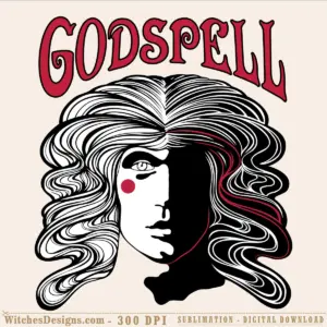 Godspell SVG showing a retro 1970s face portrait with long flowing wavy hair, bold eye, and red lettering at the top.