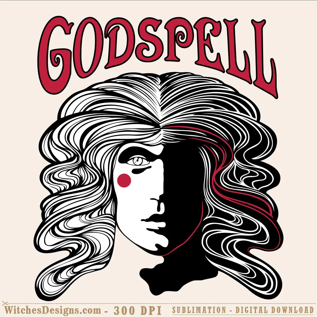 Godspell SVG showing a retro 1970s face portrait with long flowing wavy hair, bold eye, and red lettering at the top.