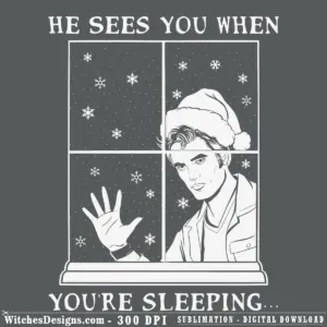 He sees you when you're sleeping SVG design showing Santa's face peering through a frosty window with snowflakes, perfect for Christmas t-shirts and tumblers