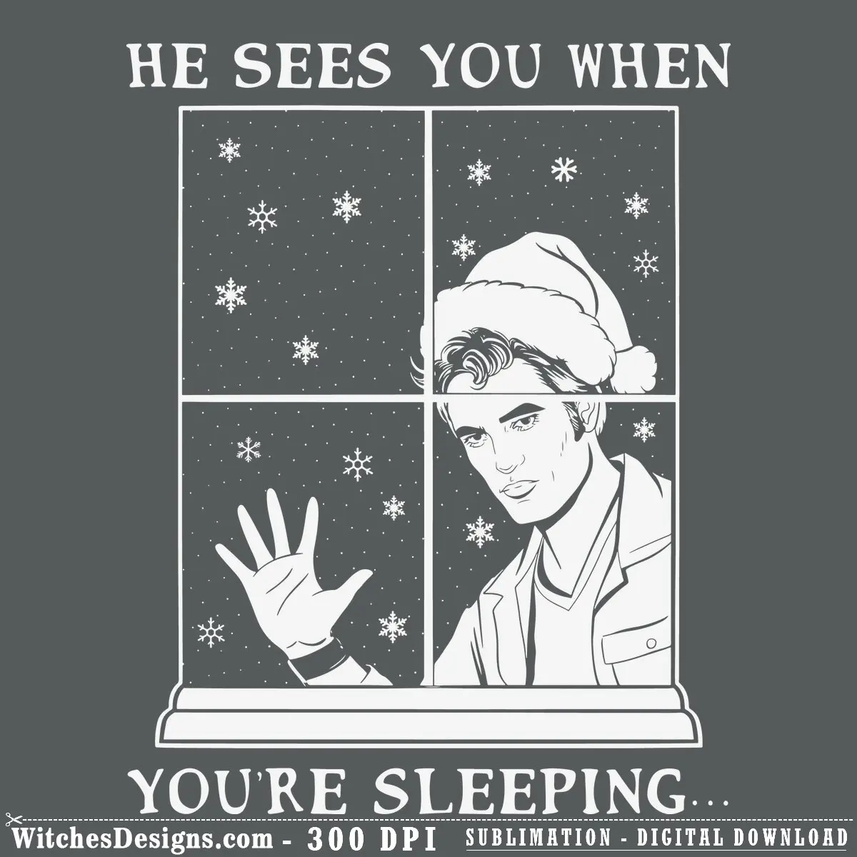He sees you when you're sleeping SVG design showing Santa's face peering through a frosty window with snowflakes, perfect for Christmas t-shirts and tumblers