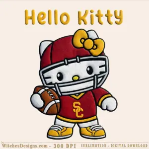 Hello Kitty png wearing red and gold USC Trojans football uniform holding a football, with transparent background