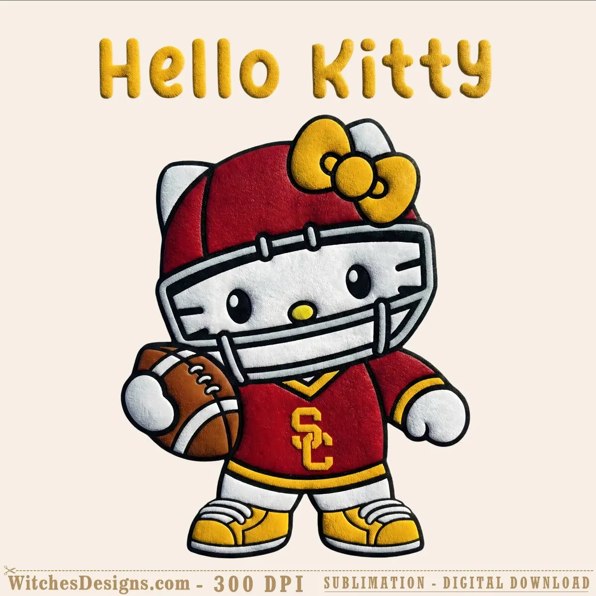 Hello Kitty png wearing red and gold USC Trojans football uniform holding a football, with transparent background