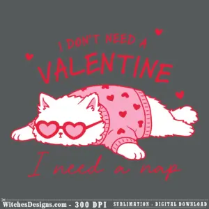 I Don't Need A Valentine SVG showing a lazy cat wearing heart sunglasses inside a cozy blanket with hearts, with anti-Valentine's Day text.