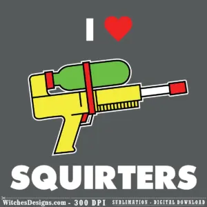 Love Squirters SVG design showing a retro yellow and green water gun with red accents and heart symbol, vector cut file for Cricut and Silhouette