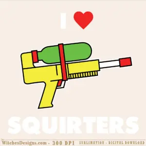 Love Squirters SVG design showing a retro yellow and green water gun with red accents and heart symbol, vector cut file for Cricut and Silhouette