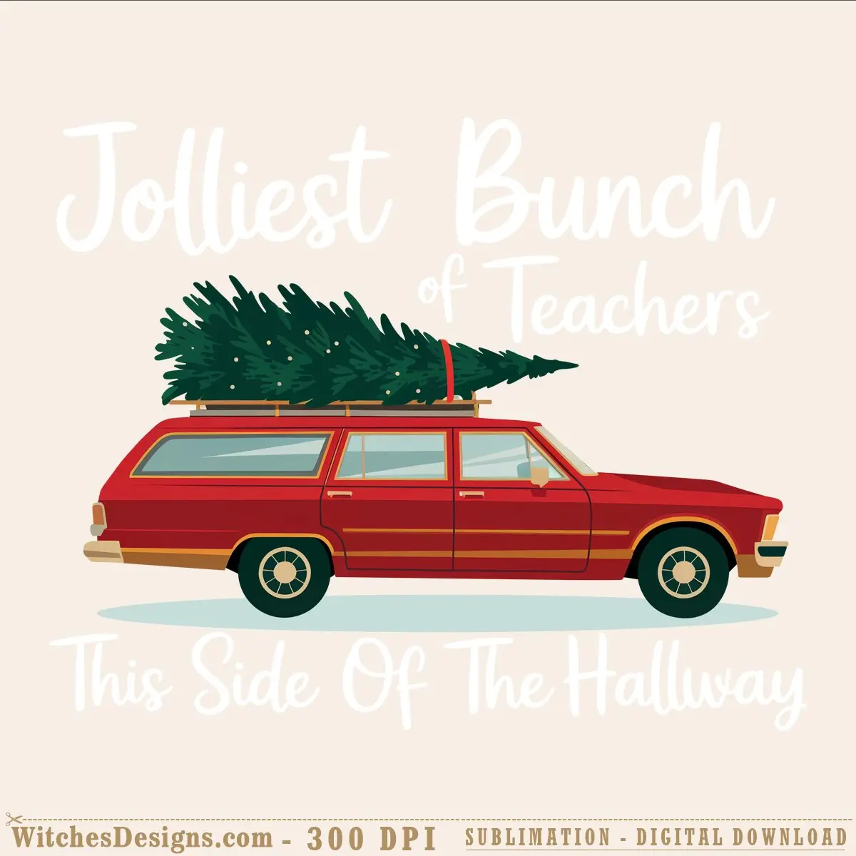 Christmas station wagon png featuring a red retro woodie-style car loaded with a festive evergreen tree on the roof rack, with gold trim and vintage details on a transparent background.