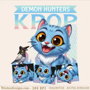 Demon hunters png clipart showing a grinning blue cat with golden eyes, small companion bird, and three character expression variations on transparent background.