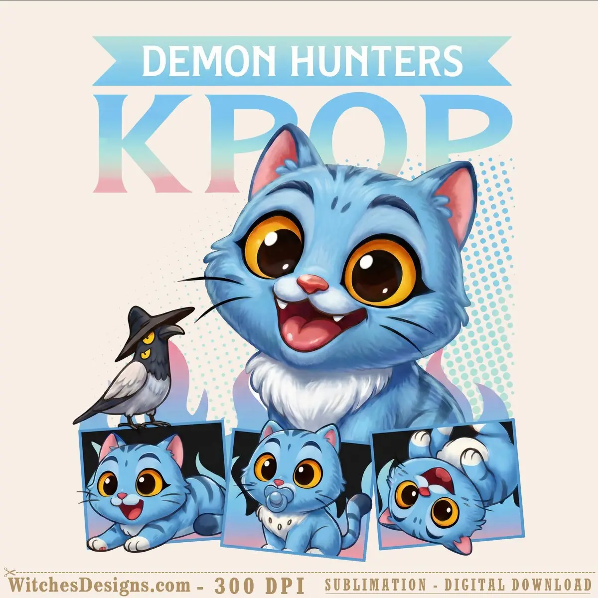 Demon hunters png clipart showing a grinning blue cat with golden eyes, small companion bird, and three character expression variations on transparent background.