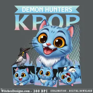 Demon hunters png clipart showing a grinning blue cat with golden eyes, small companion bird, and three character expression variations on transparent background.
