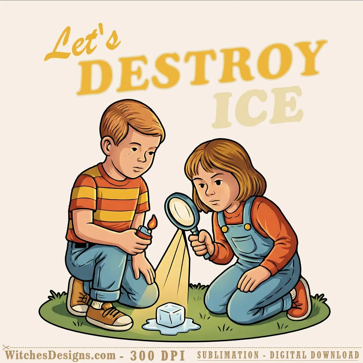 Let's Destroy ICE png clipart showing two kids with a magnifying glass melting ice cubes, hand-drawn illustration style with gold lettering.