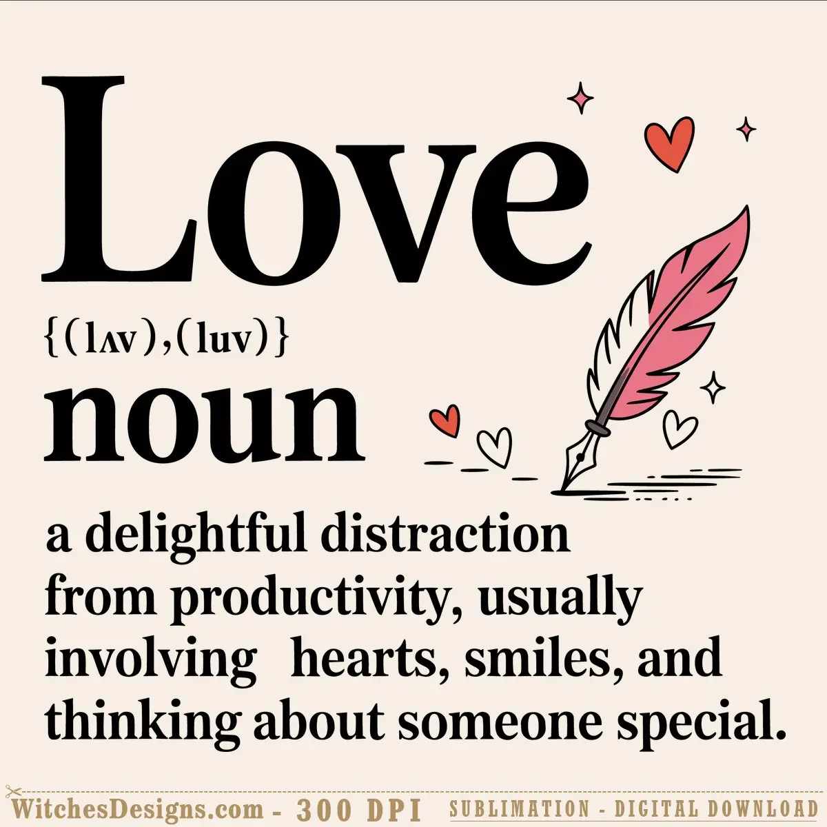 Love noun svg graphic showing dictionary definition with decorative feather and hearts for Valentine's Day crafts
