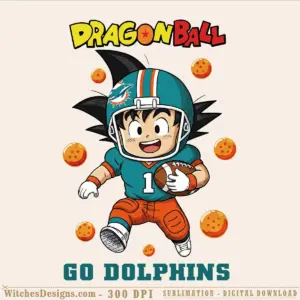 Dragon Ball png graphic showing Son Goku in Miami Dolphins football uniform holding a football, surrounded by orange dragon balls, with Dragon Ball and GO DOLPHINS text.