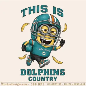 Miami Dolphins png clipart showing a cartoon minion in turquoise Dolphins uniform juggling bananas, wearing a helmet and holding up one fist, with 'THIS IS DOLPHINS COUNTRY' text above and below.