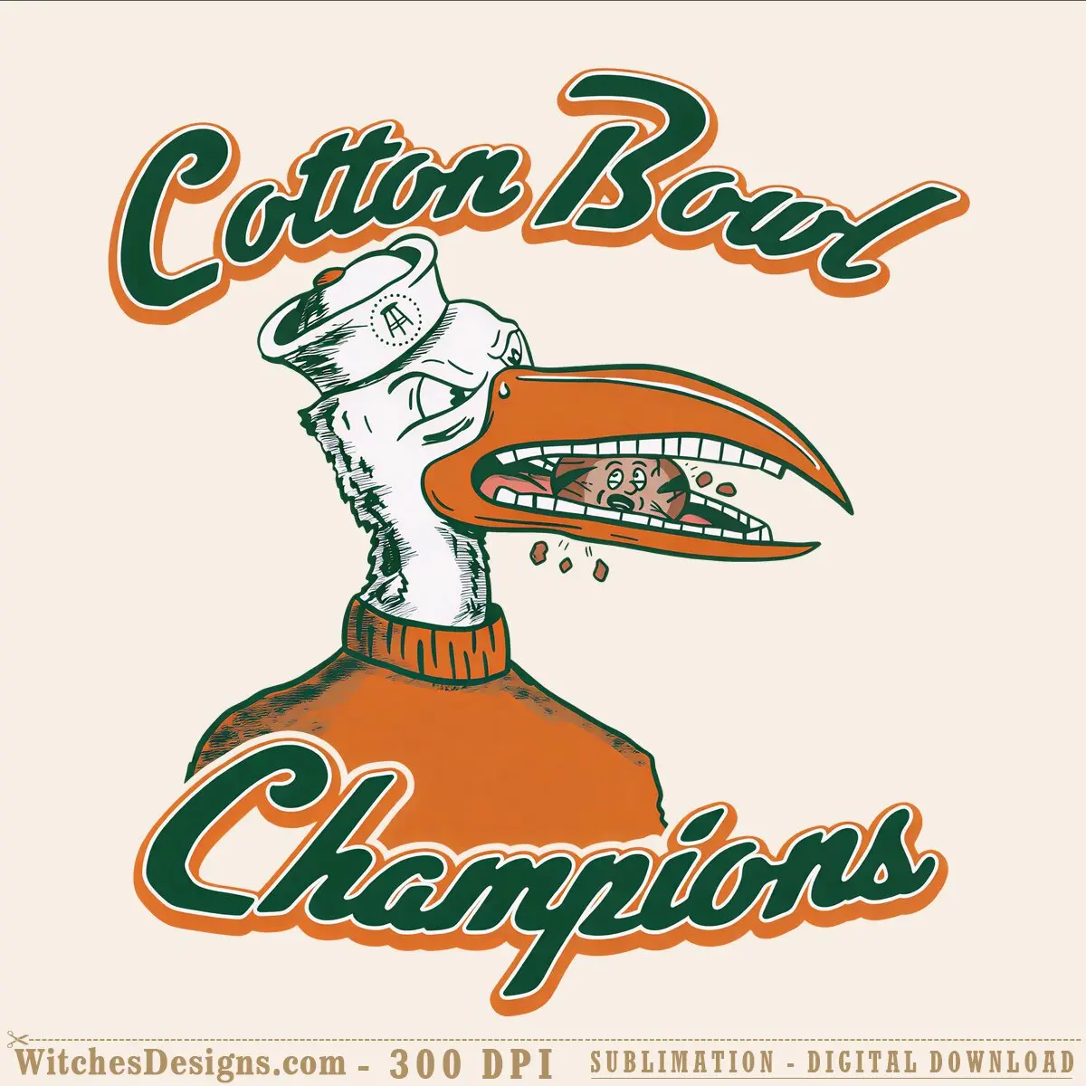 Miami Hurricanes png mascot clipart showing vintage hurricane character in green and orange holding a corn cob, transparent background, 4000x4000 px
