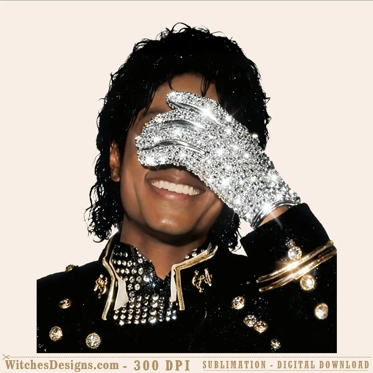 Michael Jackson png clipart showing the iconic pop star in black studded jacket and silver glove, 4500x4500 px for sublimation and DTF printing.