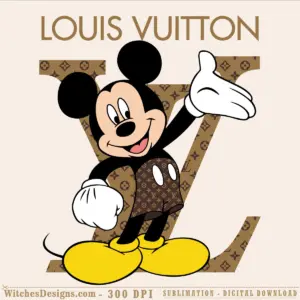 Mickey Louis Vuitton svg showing Mickey Mouse in classic pose wearing LV monogram pattern shorts and shirt, with yellow oversized shoes, layered 7-color design for Cricut and Silhouette cutting