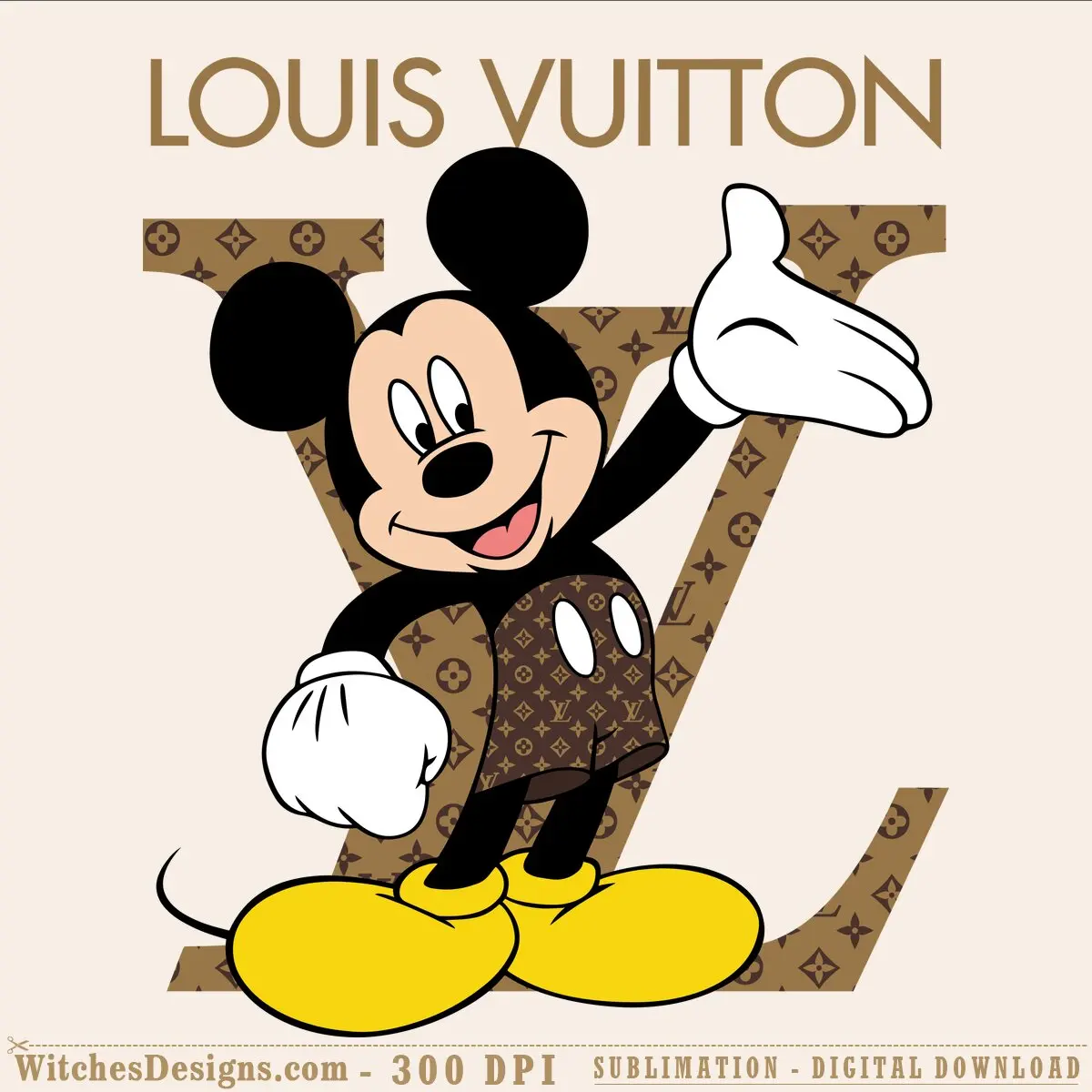 Mickey Louis Vuitton svg showing Mickey Mouse in classic pose wearing LV monogram pattern shorts and shirt, with yellow oversized shoes, layered 7-color design for Cricut and Silhouette cutting