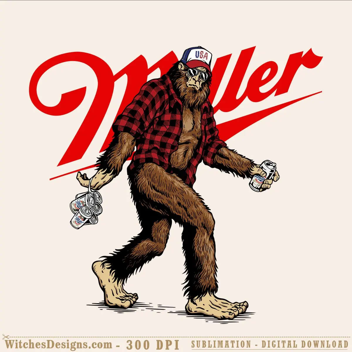 Miller Bigfoot png showing a brown hairy sasquatch in a red plaid shirt and USA cap holding beer cans, with large red Miller Bigfoot text behind.