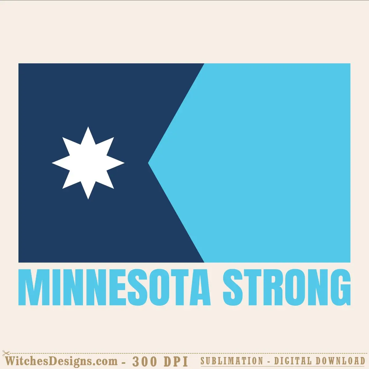Minnesota Strong svg featuring a white 8-point north star on a navy-to-turquoise color-block background