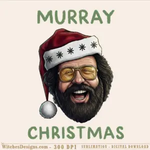 Murray Christmas png clipart showing a smiling bearded man wearing Santa hat and gold glasses with festive headband