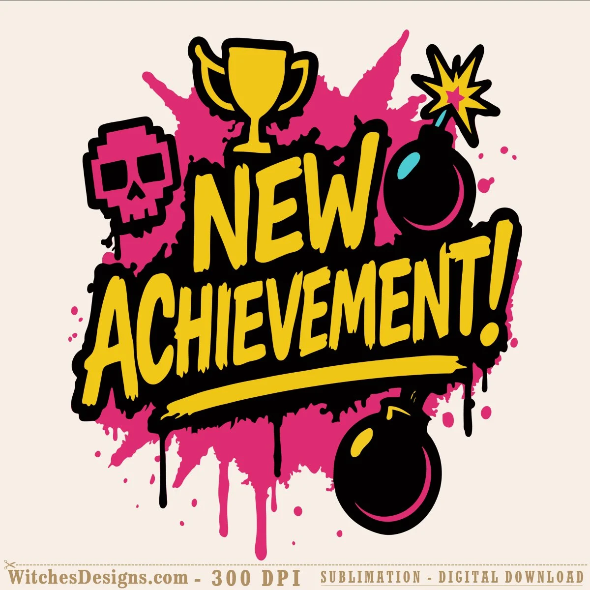 New achievement svg graphic in retro gaming style with yellow trophy, pink skull, black bombs, and yellow splatter on hot pink background