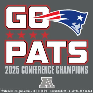 New England Patriots svg design featuring Go Pats text, four red stars, Patriots logo, and 2025 Conference Champions text in red, navy, and white.