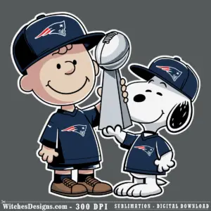 Patriots Snoopy SVG showing Charlie Brown and Snoopy in New England Patriots uniforms holding the Super Bowl trophy