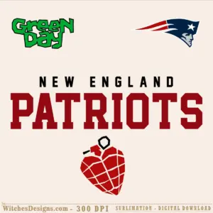 New England Patriots svg design combining the Patriots helmet logo with Green Day text and geometric apple graphic in red, navy, and green colors.