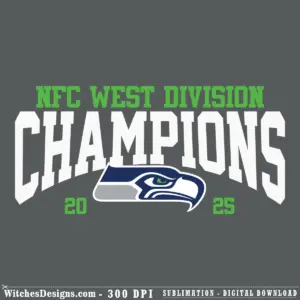 Seattle Seahawks svg logo with NFC West Division text in green and navy, featuring the team's iconic hawk profile and 2025 championship year