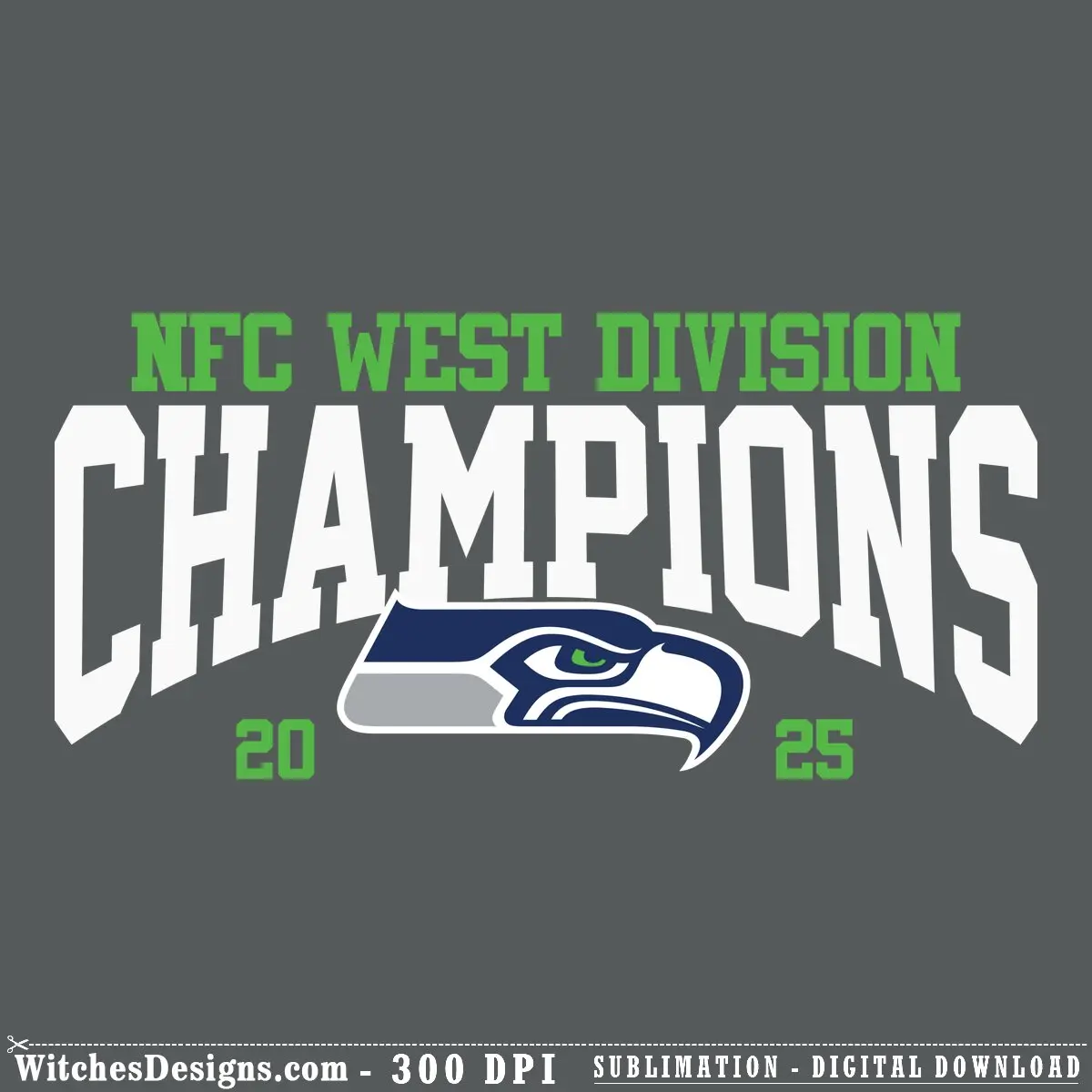 Seattle Seahawks svg logo with NFC West Division text in green and navy, featuring the team's iconic hawk profile and 2025 championship year