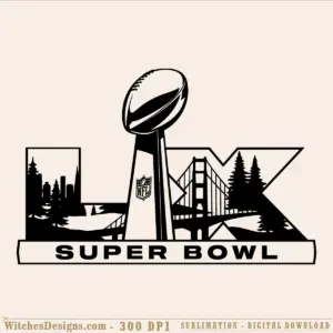 Super Bowl LX svg design showing Lombardi Trophy with Golden Gate Bridge, city skyline, and forest silhouettes, NFL logo badge, black and white line art