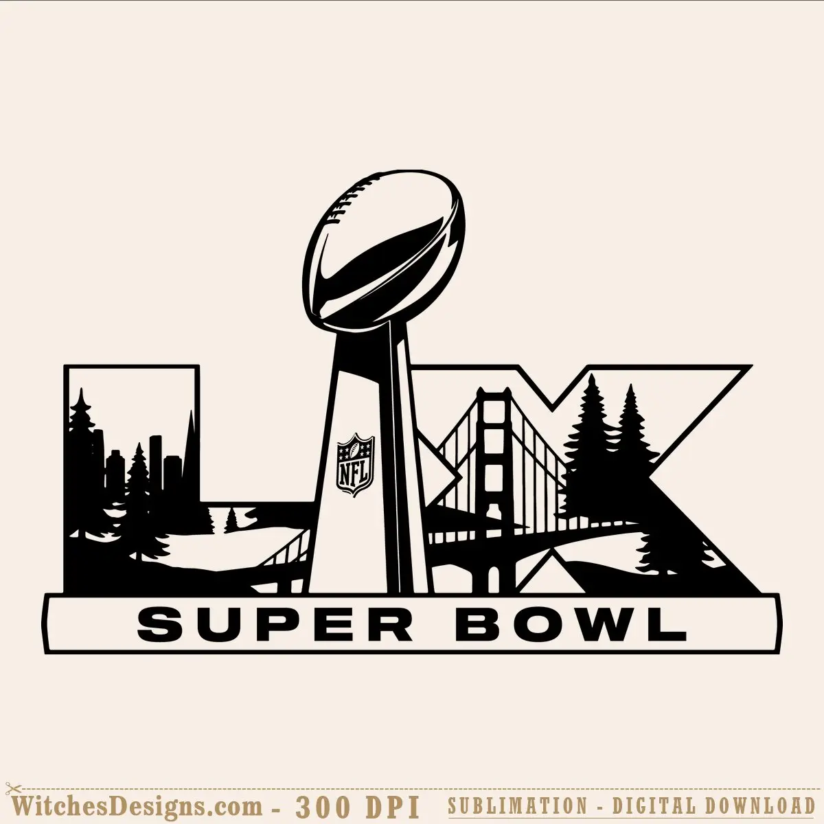Super Bowl LX svg design showing Lombardi Trophy with Golden Gate Bridge, city skyline, and forest silhouettes, NFL logo badge, black and white line art