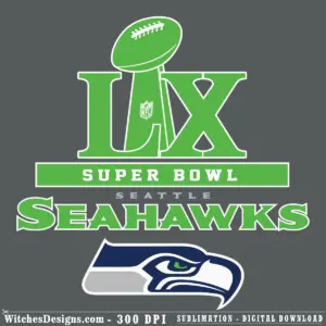 Seattle Seahawks svg design featuring Super Bowl LX trophy, Lombardi Cup, Seahawks wordmark, and team logo in green and navy colors for Cricut and Silhouette cutting.