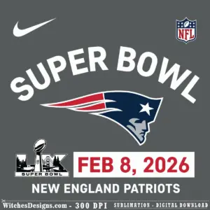 New England Patriots svg logo with Super Bowl LX badge and Feb 8 2026 date in navy, red, and white.