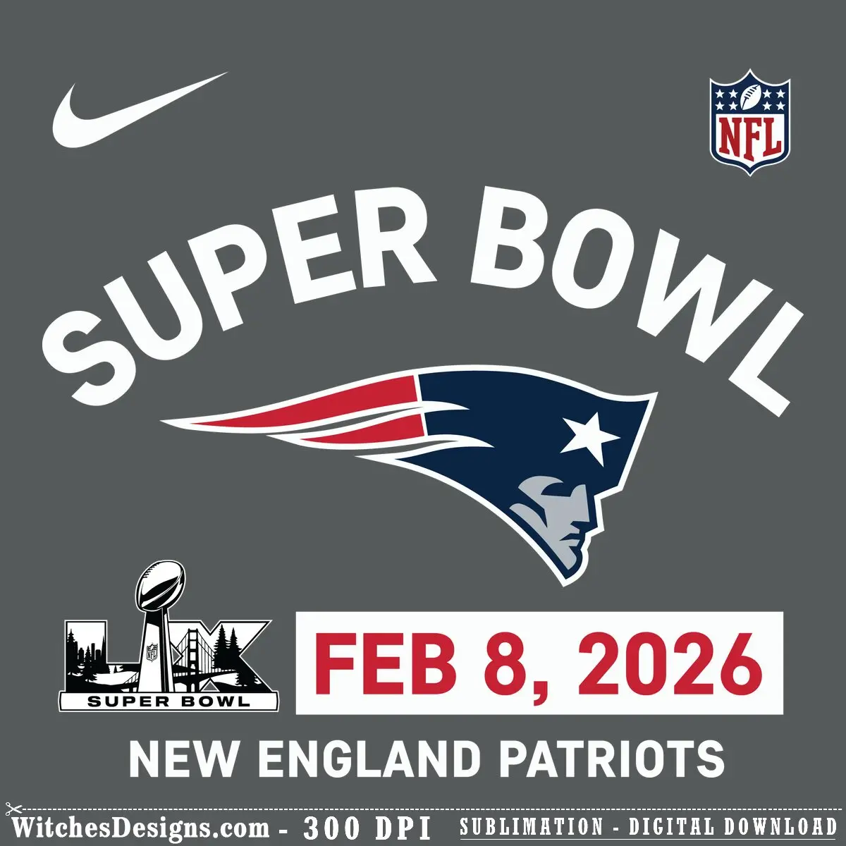 New England Patriots svg logo with Super Bowl LX badge and Feb 8 2026 date in navy, red, and white.
