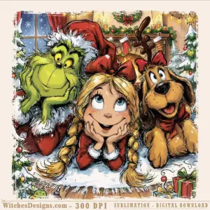 Grinch png clipart showing the green Grinch in red Santa suit with Cindy Lou Who and Max dog in retro cartoon style, Christmas fireplace background, transparent png for sublimation.