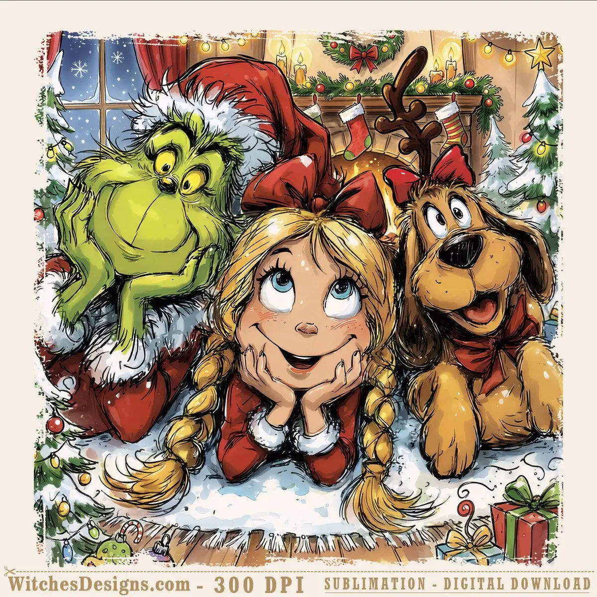 Grinch png clipart showing the green Grinch in red Santa suit with Cindy Lou Who and Max dog in retro cartoon style, Christmas fireplace background, transparent png for sublimation.