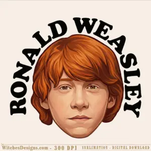 Ronald Weasley png clipart: illustrated portrait of red-haired wizard with 'RONALD WEASLEY' text arc, transparent background, 4500x4500 px