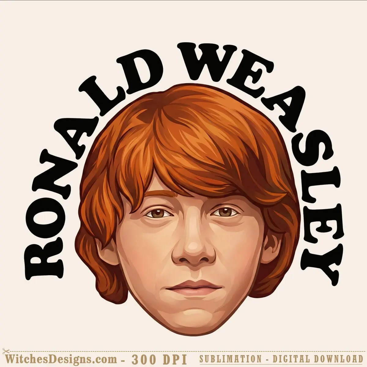 Ronald Weasley png clipart: illustrated portrait of red-haired wizard with 'RONALD WEASLEY' text arc, transparent background, 4500x4500 px