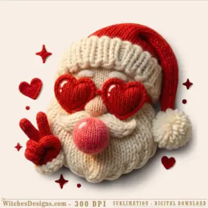 Santa png clipart illustration featuring a knitted character wearing red heart-shaped sunglasses and a pink bubblegum nose, surrounded by small red stars and hearts.