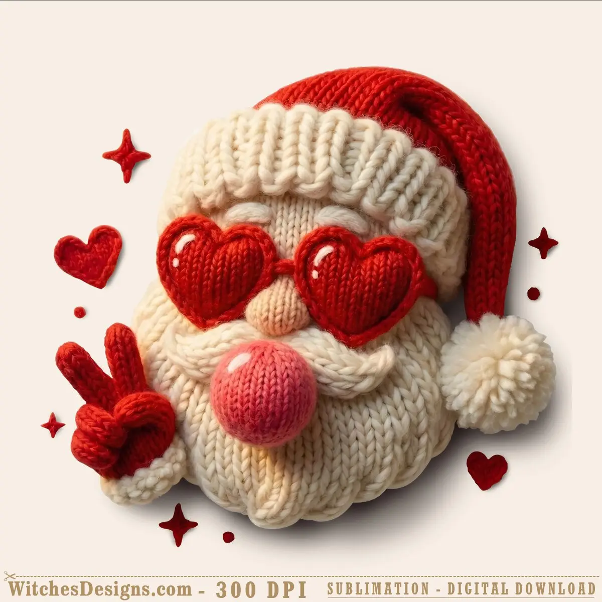 Santa png clipart illustration featuring a knitted character wearing red heart-shaped sunglasses and a pink bubblegum nose, surrounded by small red stars and hearts.