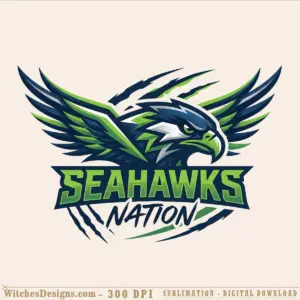 Seahawks nation png clipart featuring a stylized eagle head with green and navy striped wings, SEAHAWKS banner, and NATION text on transparent background.