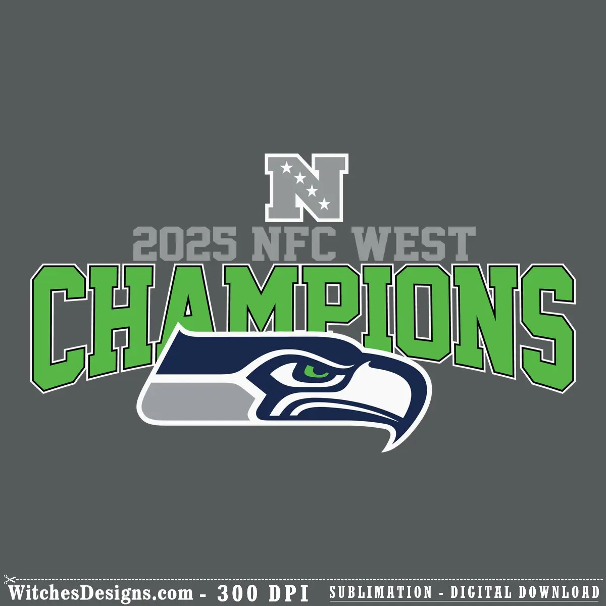 Seattle Seahawks svg logo with 2025 NFC West Champions text in green and navy, official NFL design file for cutting and printing