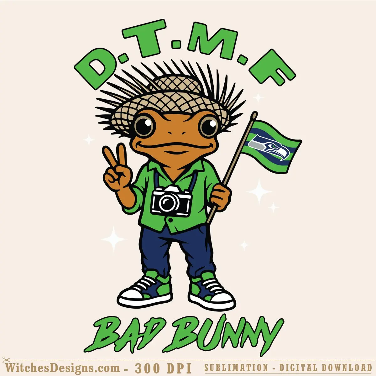 Illustrated Seattle Seahawks Bad Bunny svg character wearing green jacket and navy pants, holding a camera and peace sign with Seahawks flag, surrounded by 'D.T.M.F' and 'Bad Bunny' text in bright green.