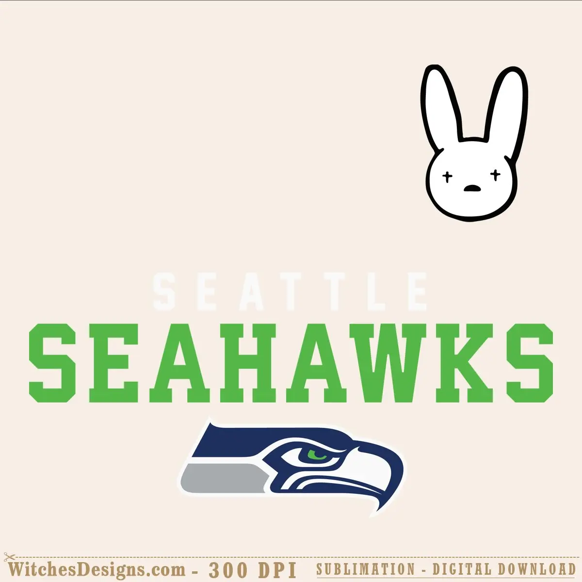 Seattle Seahawks svg design showing the official team eagle logo paired with a simple cartoon rabbit face with closed eyes and a neutral expression.