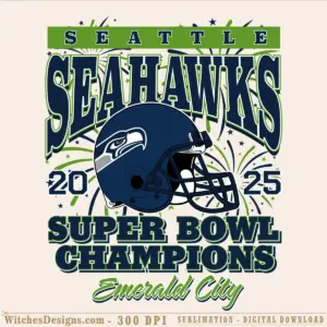 Seattle Seahawks svg design featuring bold text, navy helmet logo, stars, and neon green accents with 'Super Bowl LX Champions' and 'Emerald City' for Cricut and Silhouette cutting.