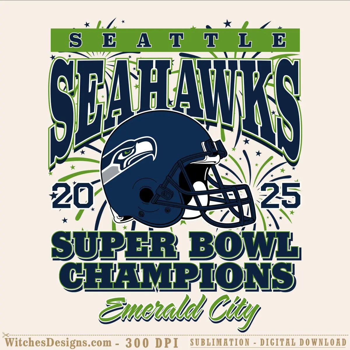 Seattle Seahawks svg design featuring bold text, navy helmet logo, stars, and neon green accents with 'Super Bowl LX Champions' and 'Emerald City' for Cricut and Silhouette cutting.