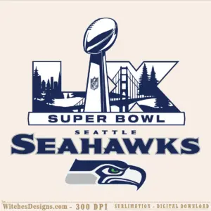Seattle Seahawks svg design featuring Super Bowl trophy, NFL shield, Golden Gate Bridge, Seattle skyline, forest silhouettes, and Seahawk logo in navy and white